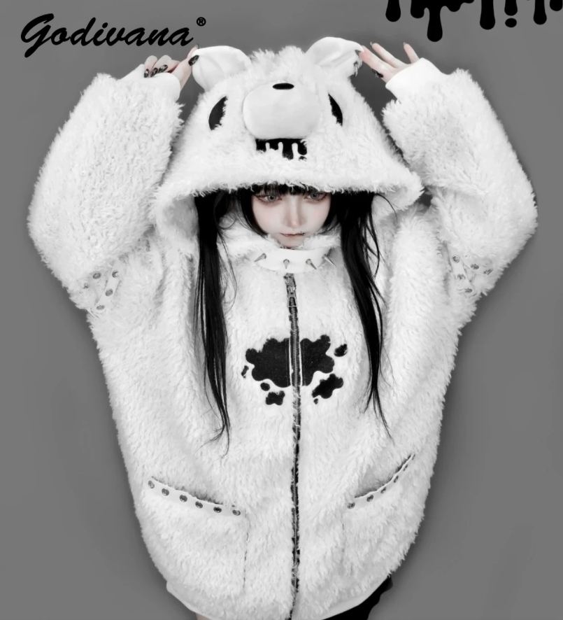 Manteau en peluche à capuche gothique japonais, nouvelle collection automne-hiver, sous-culture, fille cool, veste à capuche en laine d'agneau punk pour femme, veste à fermeture éclair