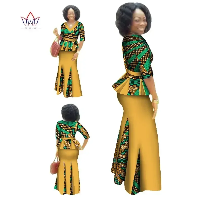 Ensemble de vêtements africains traditionnels pour femmes, robe maxi à demi-manches, jupe imprimée africaine Dashiki, écharpe gratuite, 6XL, WY1435, 2 pièces
