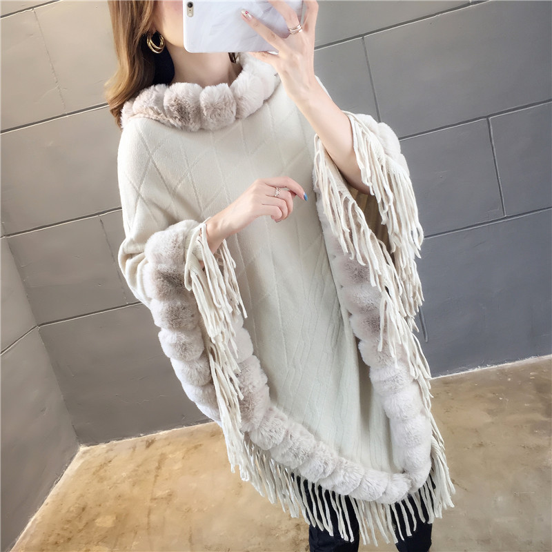Manteau en fausse fourrure de lapin pour femme, pull à col en laine, châle chaud, Poncho, Capes grises, automne et hiver