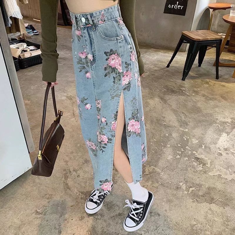 Imprimé fleuri Denim jupes longues femmes été Vintage Maxi jean jupe taille S - 5XL côté fendu taille haute femmes jupe longue coréenne