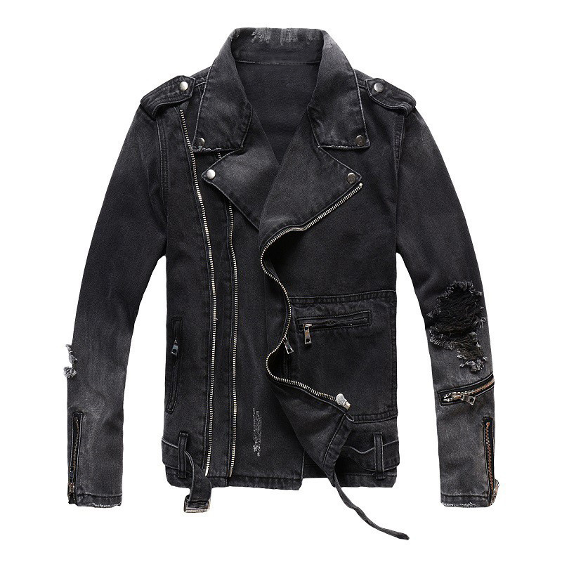 Veste en jean pour homme pour l'automne et l'hiver. Veste de moto slim déchirée à la mode de style punk de rue rétro américain.
