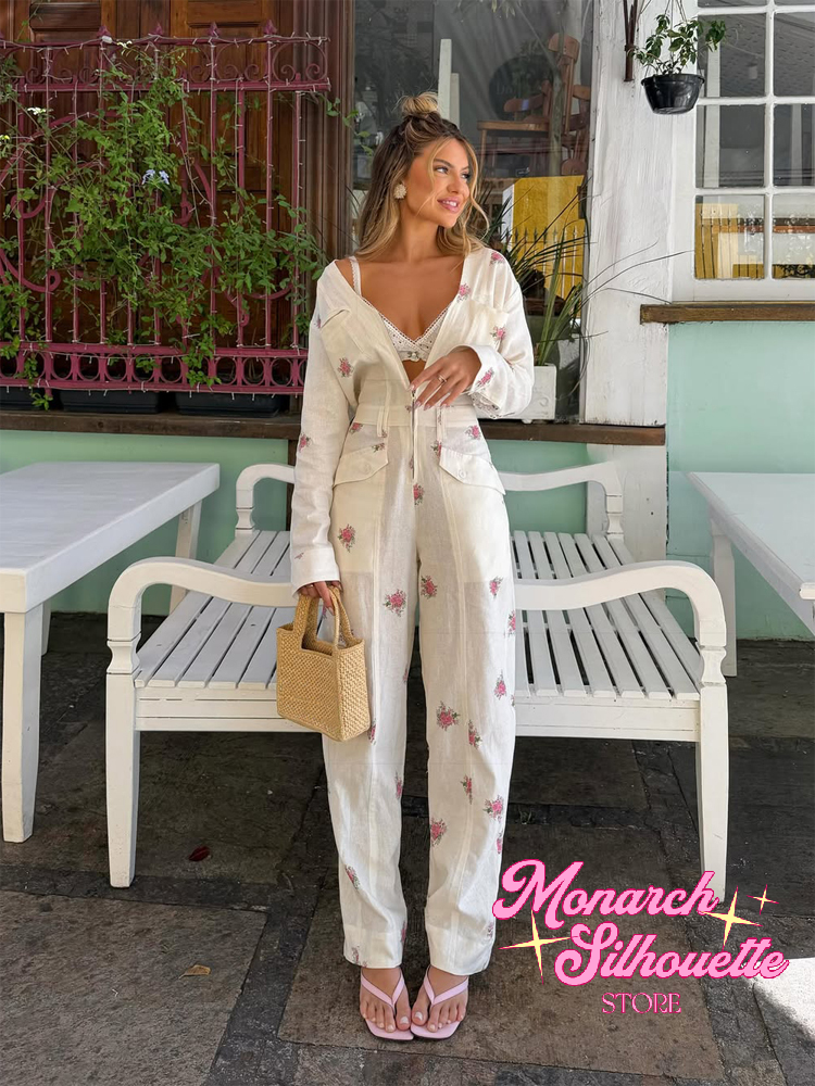 Ensembles assortis pantalon imprimé floral pour femme – Chic, col carré, ourlet à volants, cordon de serrage, pantalon large long – Tenue décontractée quotidienne pour femme