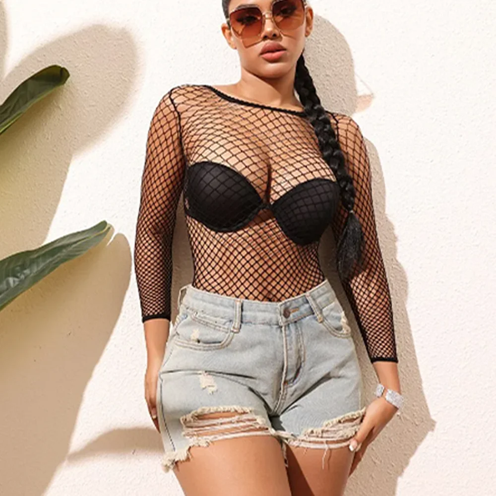 Robe transparente en maille pour femmes, manches longues, moulante, Cover-Up pour Bikini, robe de plage, Sexy, épaules dénudées, Mini, été
