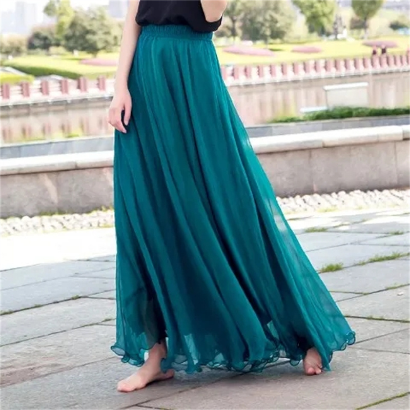 Longue jupe de plage plissée en mousseline de soie, double couche, élastique, taille haute, grande balançoire, gaze, ligne A, haute qualité, printemps, été