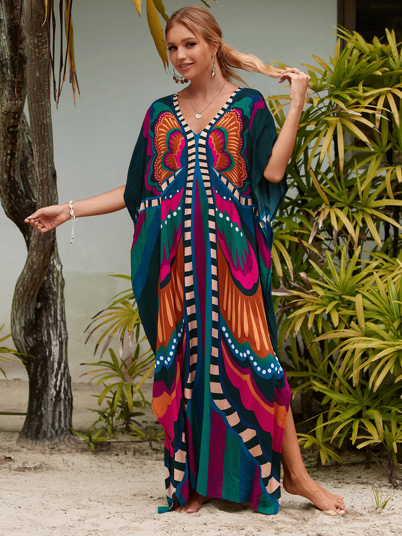Robes caftan pour femmes col en V imprimé papillon grande taille manches chauve-souris caftans longue maillot de bain couvrir