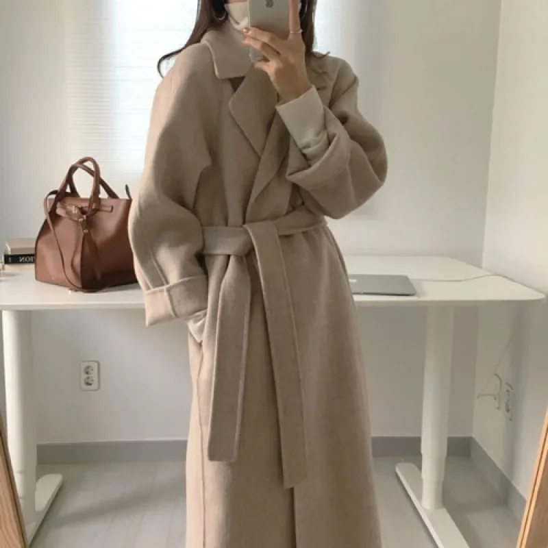 Manteaux longs en laine pour femmes, taille Midi, ceinture à lacets, mélange d'épissure, Cardigan à manches longues, solide, épais, chaud, vestes droites pour l'hiver