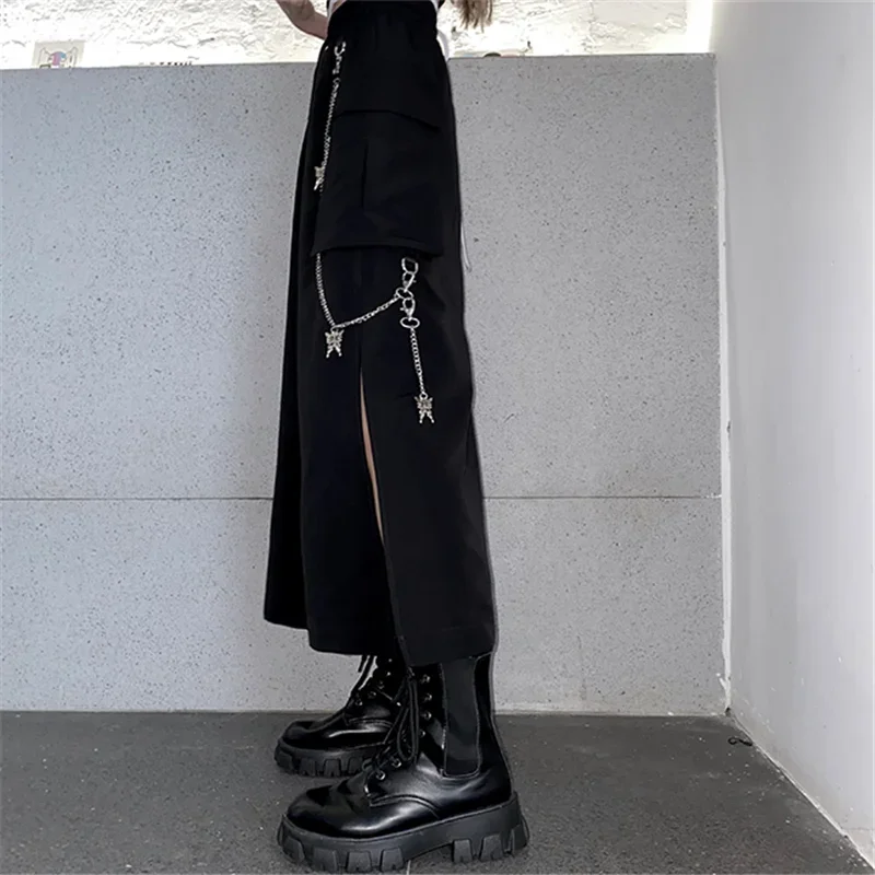 Jupe longue noire de Style coréen pour femmes, avec chaîne, fente latérale, Hip Hop, Streetwear, grande taille, nouvelle collection printemps automne 2025