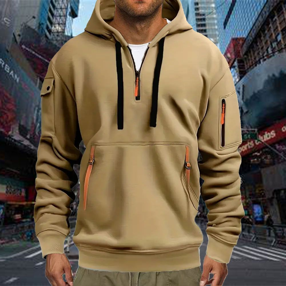 Sweat à capuche de sport décontracté pour homme, idéal pour le printemps et l’automne, de couleur unie, à manches longues, avec poche sur le bras et cordon de serrage, disponible en grandes tailles.