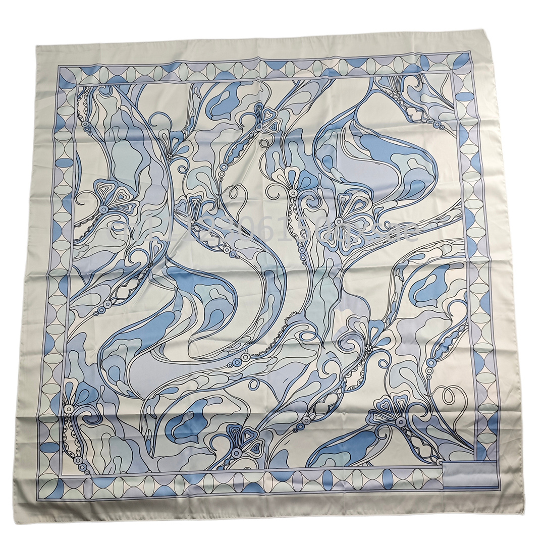 Écharpe en soie bleu clair pour femme, design luxueux, avec logo signature, écharpe carrée classique de marque, 90x90cm