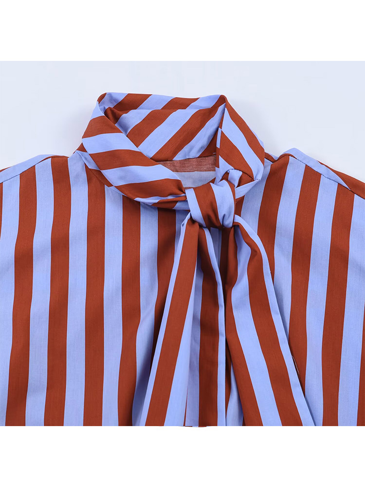 Chemisier Popeline Rayé Ample et Polyvalent à Manches Longues et Nœud Décoratif pour Femme – Collection Printemps
