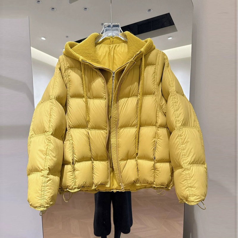 Parka pour femmes, veste matelassée en coton à capuche tricotée, effet deux pièces, coupe ample, chaude et épaisse, manteau d'extérieur pour femme.