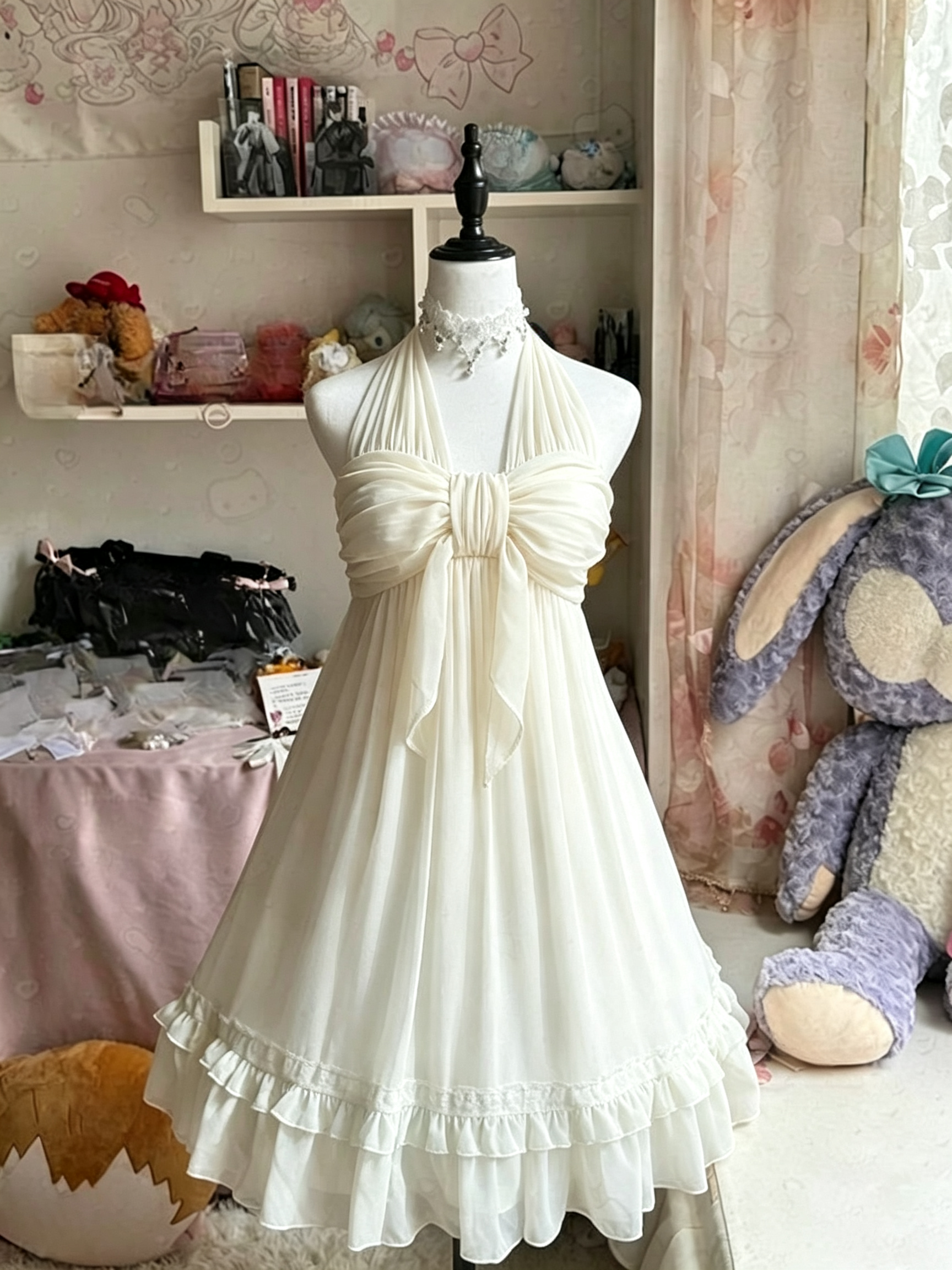 Robe Vintage Kawaii Élégante pour Femme, Col Halter, Buste Froncé, Ourlet à Volants en Dentelle Superposée, Robe Romantique Quotidienne ou de Soirée, Vêtement Féminin