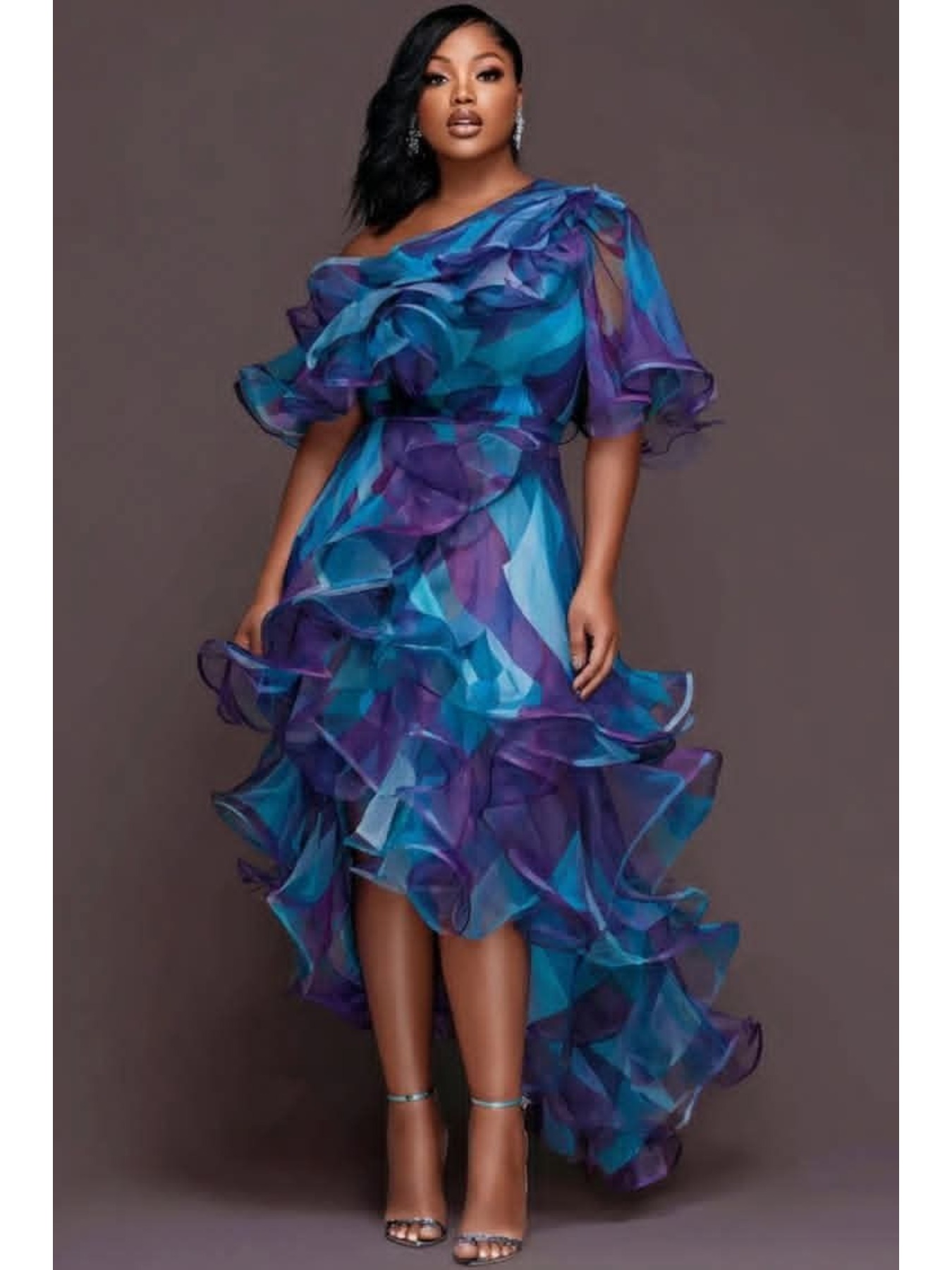 Robe Midi Grande Taille Imprimé Ombré Asymétrique à Une Épaule Manches Bouffantes Volants Superposés Ourlet Asymétrique en Mousseline de Soie Robe de Soirée Élégante pour Femme