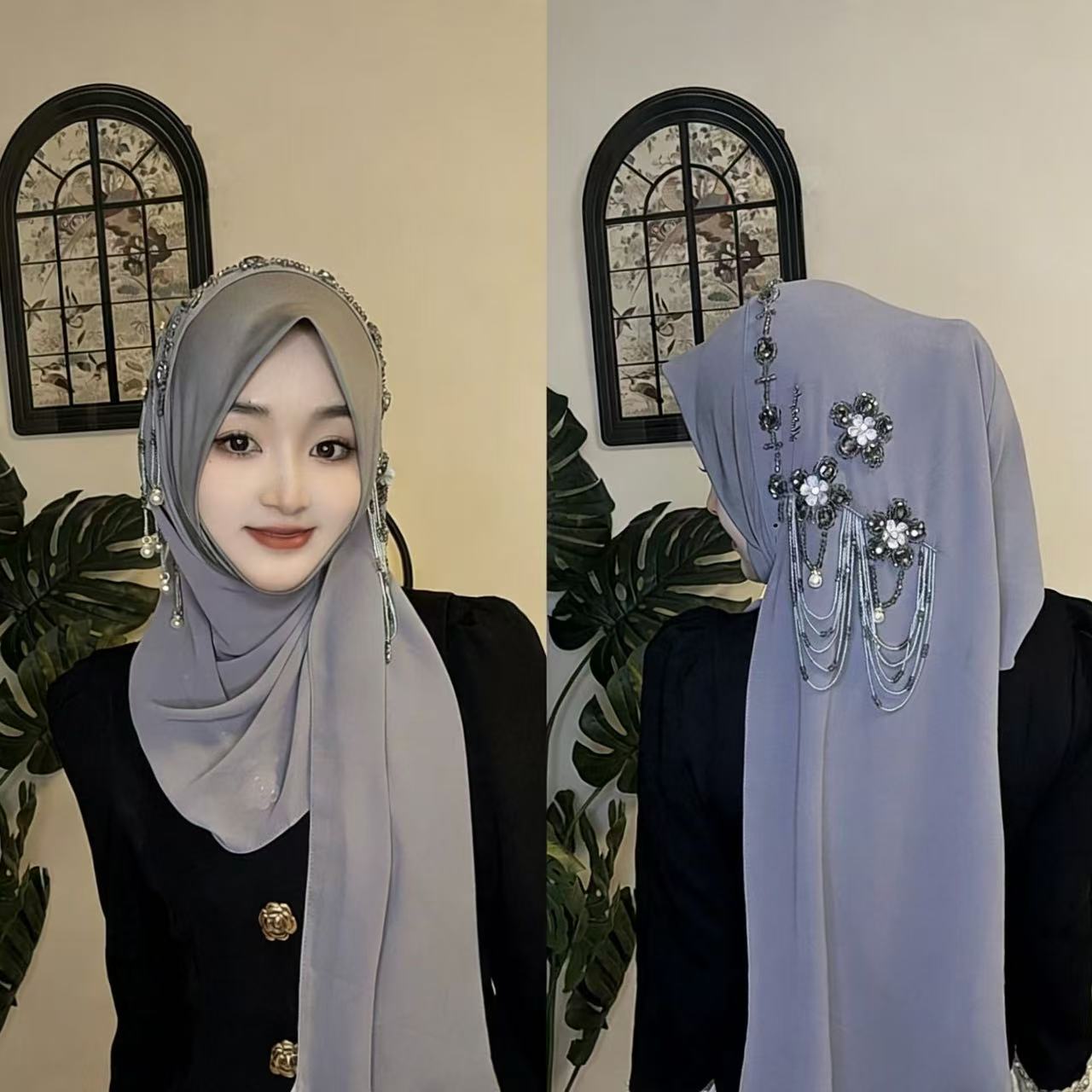 Abaya Hijab pour femmes musulmanes, châle en dentelle, foulard de luxe à pompons, écharpe de prière malaisienne, Kufi Islam, Turban d'Arabie Saoudite 05482