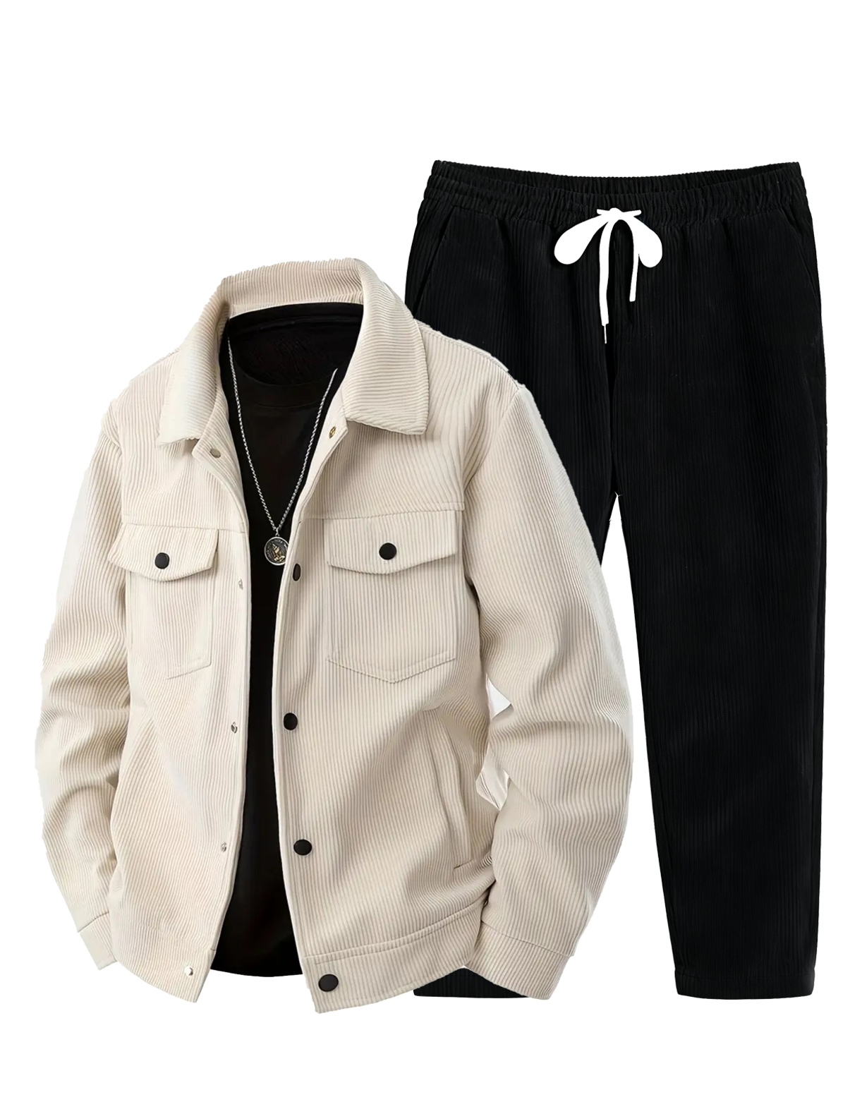 Ensemble veste et pantalon en velours côtelé pour hommes, couleur unie, tenue décontractée à la mode pour le shopping, vêtements de printemps/automne