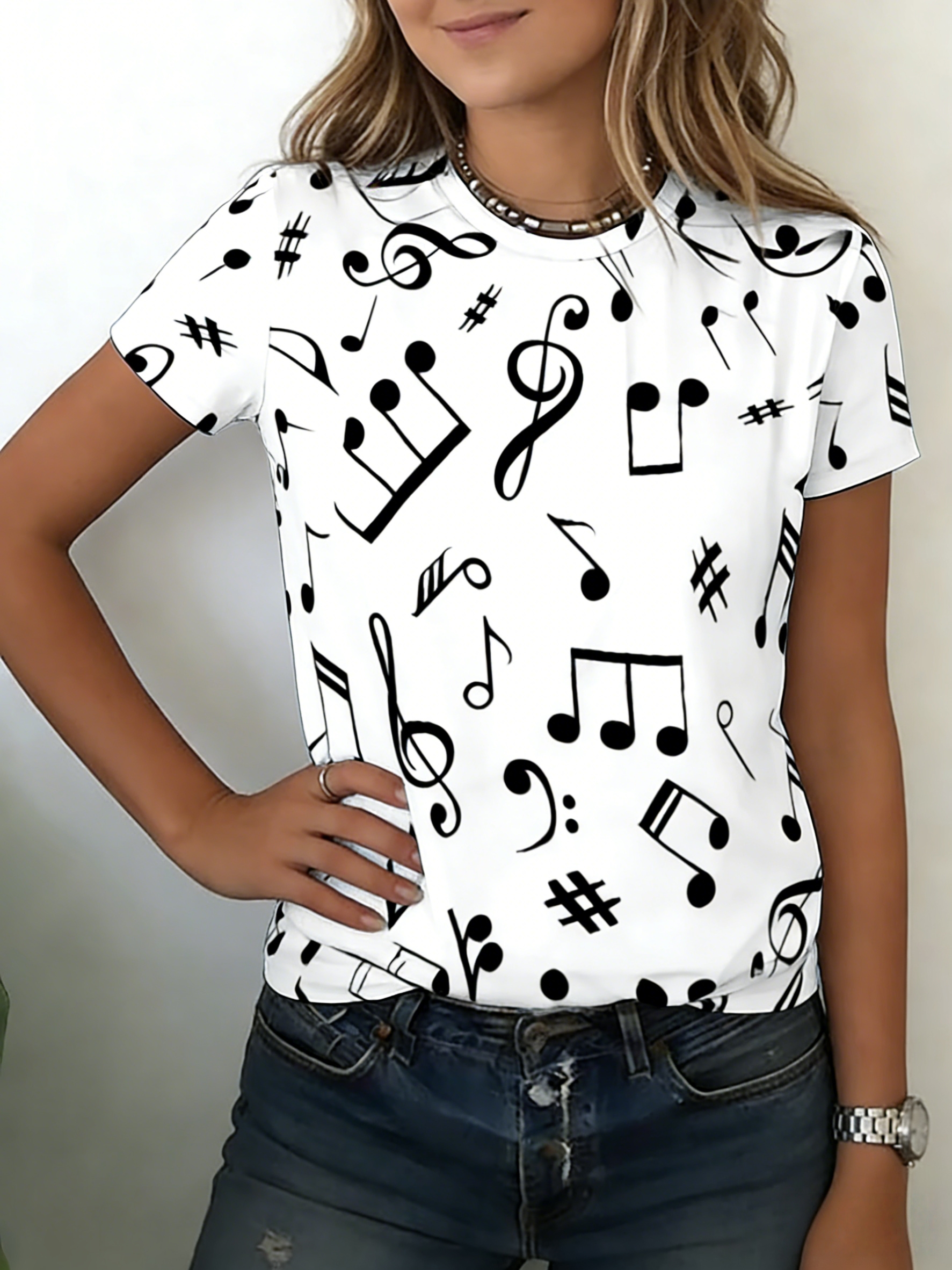 T-shirt pour femmes, imprimé notes de musique, manches courtes, col rond, coupe ample, décontracté, streetwear, haut polyvalent pour le printemps et l'été