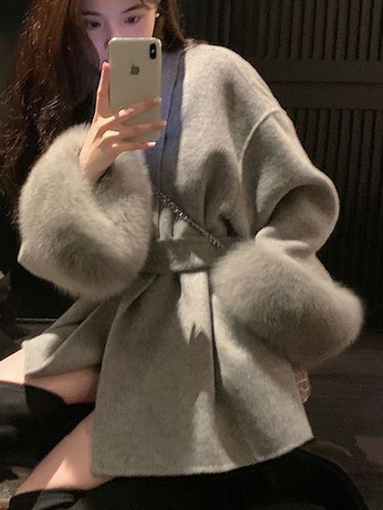 Manteau en laine patchwork de fourrure à manches longues pour femmes, pardessus élégants, beaux vêtements pour femmes, veste de bureau, avocat, automne, printemps, 2025