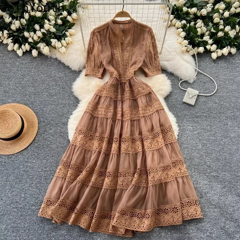 Robes d'été pour femmes taille mince à manches courtes Vintage Robe Femme Patchwork dentelle évider Robe Maxi 2025 robes De Mujer
