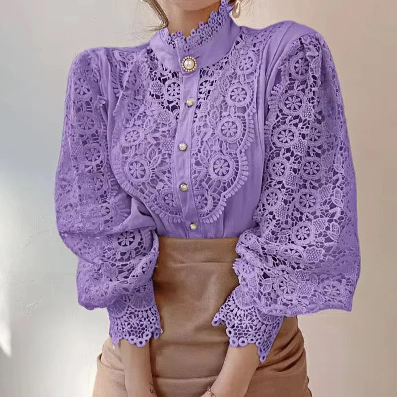Chemisier Chic à manches longues et col haut pour femmes, haut élégant à manches creuses à panneaux en dentelle, tenues de bureau Vintage à la mode pour dames, nouvelle collection