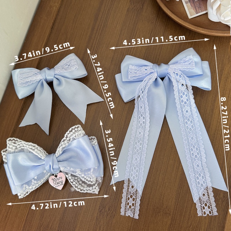 Barrette à cheveux en satin bleu clair avec nœud en dentelle et pendentif cœur pour femme, idéale pour le quotidien, les tenues Lolita, les rendez-vous et les fêtes