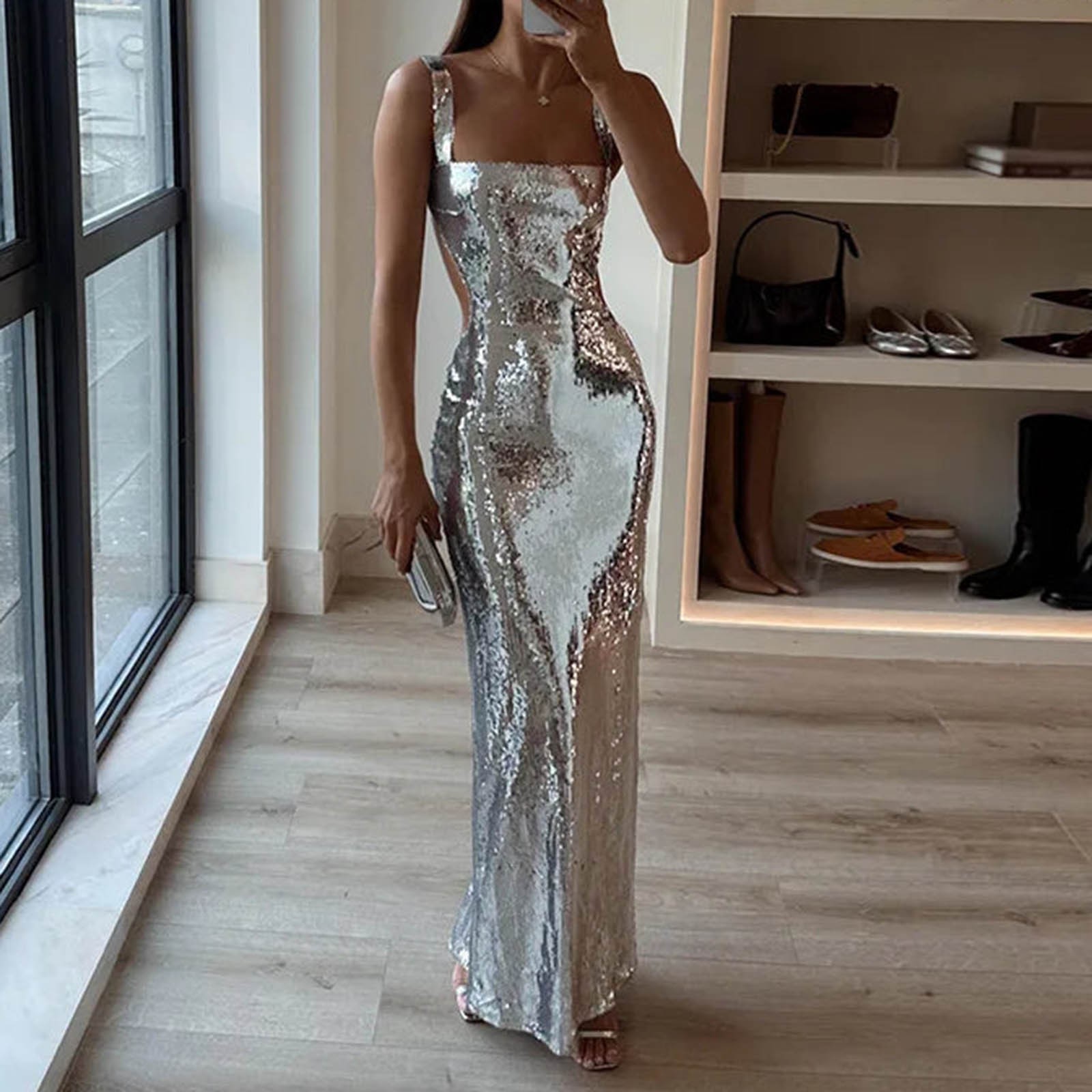 Robe de soirée élégante pour femmes, Sexy, moulante, Maxi, col carré, dos nu, bretelles Spaghetti, longue robe de Cocktail