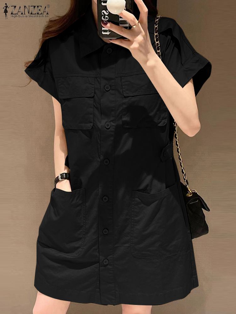 Mode coréenne été Cargo robe ZANZEA femmes à manches courtes col rabattu robe d'été décontracté solide fête robe chemise robes