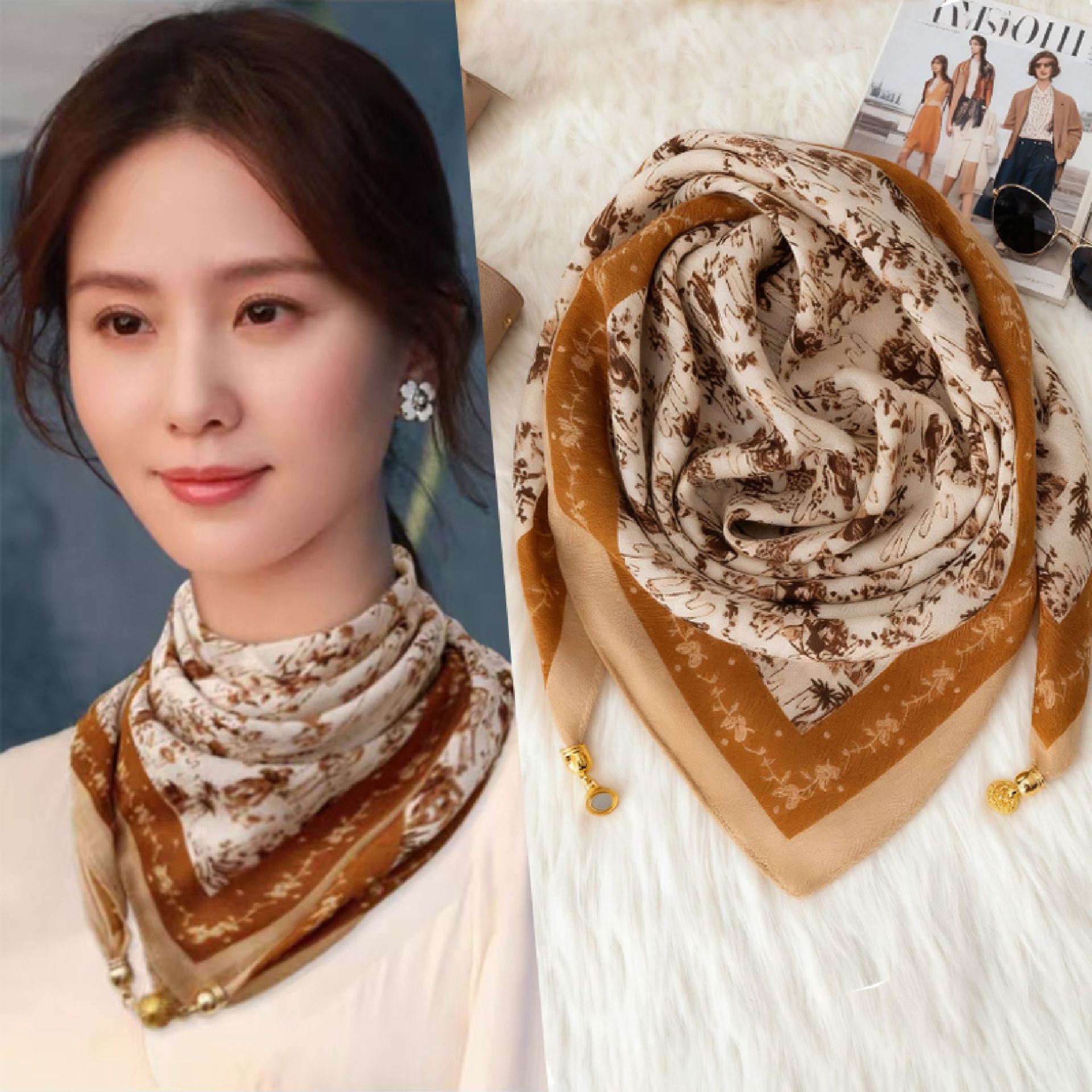 Écharpe en coton et lin avec boucle magnétique pour femmes, élégante, polyvalente, protection du cou, foulard triangulaire, accessoires, foulards carrés
