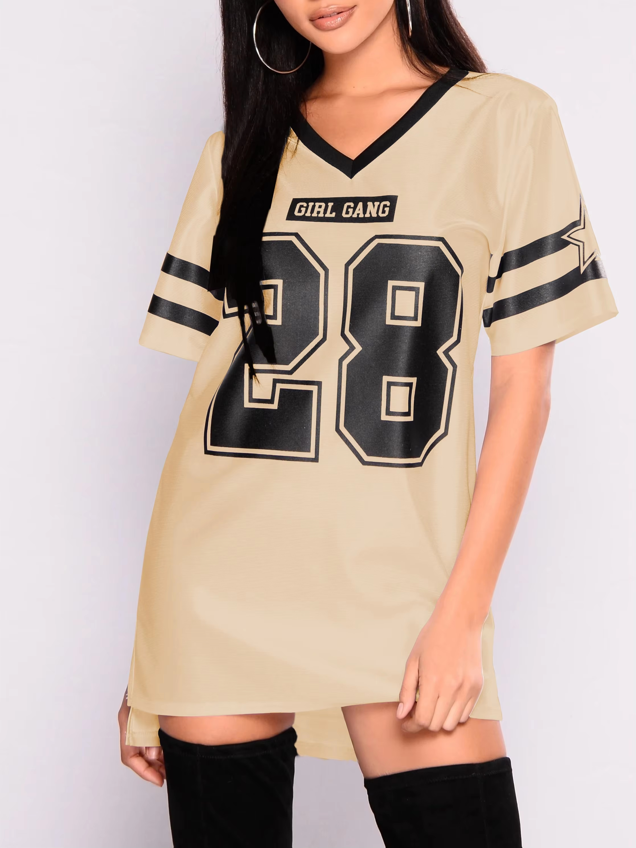 T-shirt Femme Imprimé NO.28 Personnalité Mode, Coupe Ample, Col en V, Style Créatif Urbain, Vêtement Décontracté pour Femme et Fille