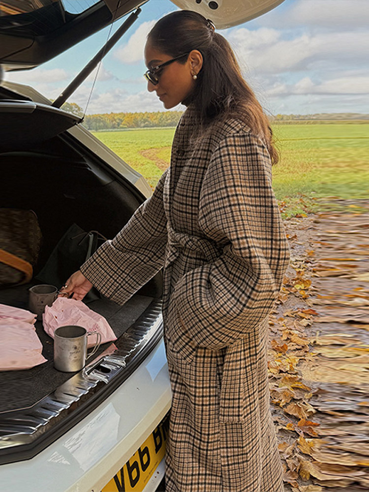 Manteaux longs en Patchwork à carreaux pour femmes, col montant, ceinture à nouer, vestes à simple boutonnage, vêtements d'extérieur pour dames, nouvelle collection automne hiver 2025