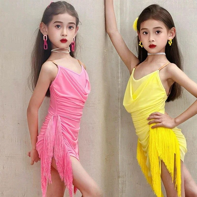 Robe de danse latine pour enfants, col licou, Costume pour filles, Chacha Samba Rumba, jupe à franges, vêtements de danse pour spectacle sur scène