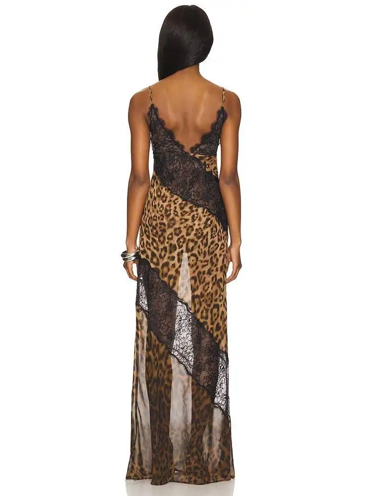 Robe Maxi Sexy imprimé léopard, bretelles Spaghetti, Patchwork, transparente, sans manches, dos nu, robe de soirée, boîte de plage