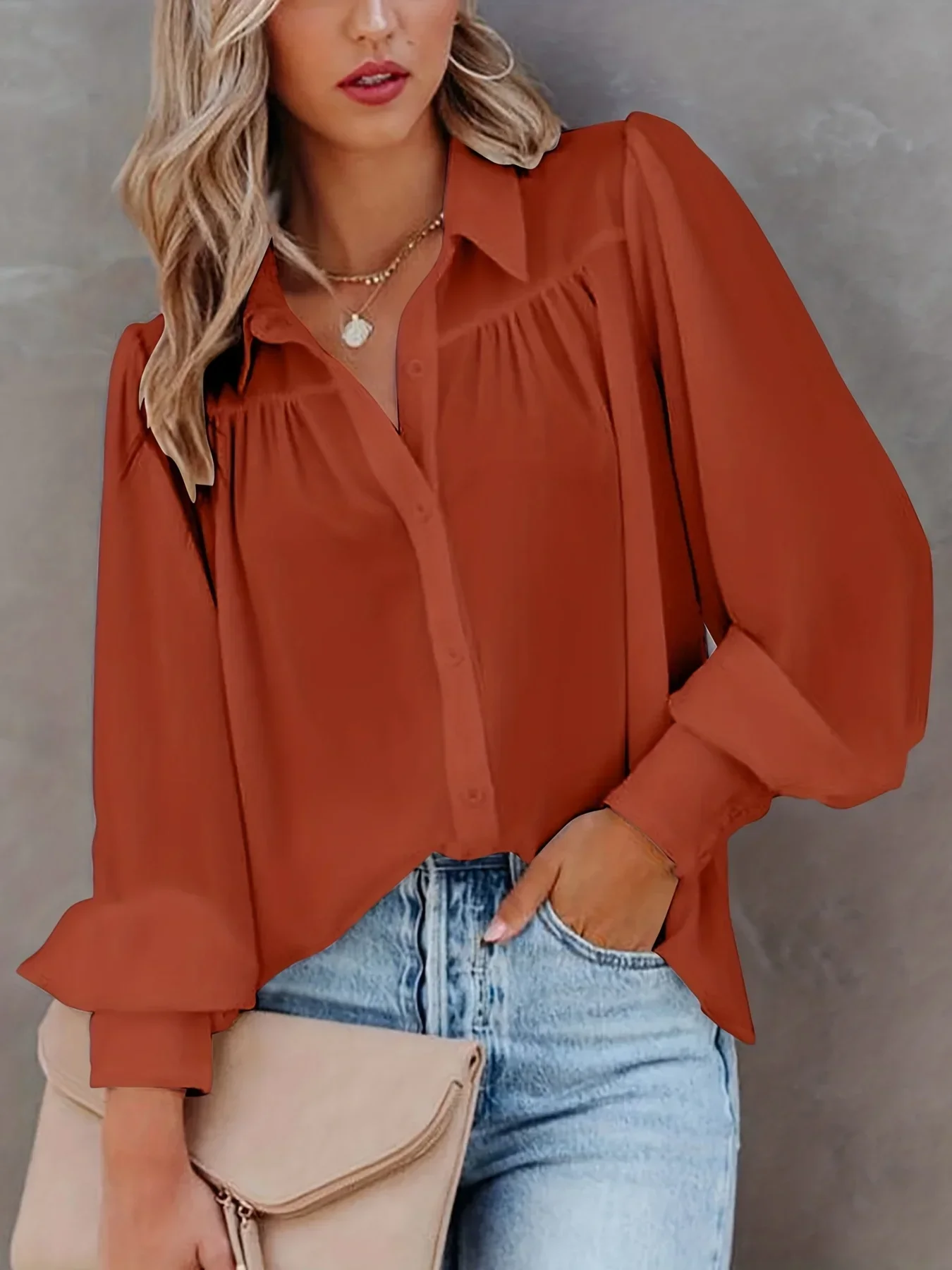 Grande taille 1XL-5XL femmes chemise unie à manches longues revers cou lâche lanterne manches Blouses nouveau automne déplacements mode chemises