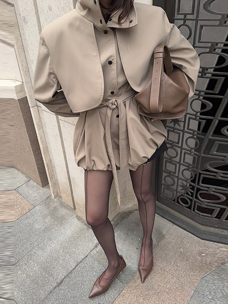 Veste-robe pour femme, col montant, manches longues, taille ceinturée, coupe courte en A, mini-robe avec poches