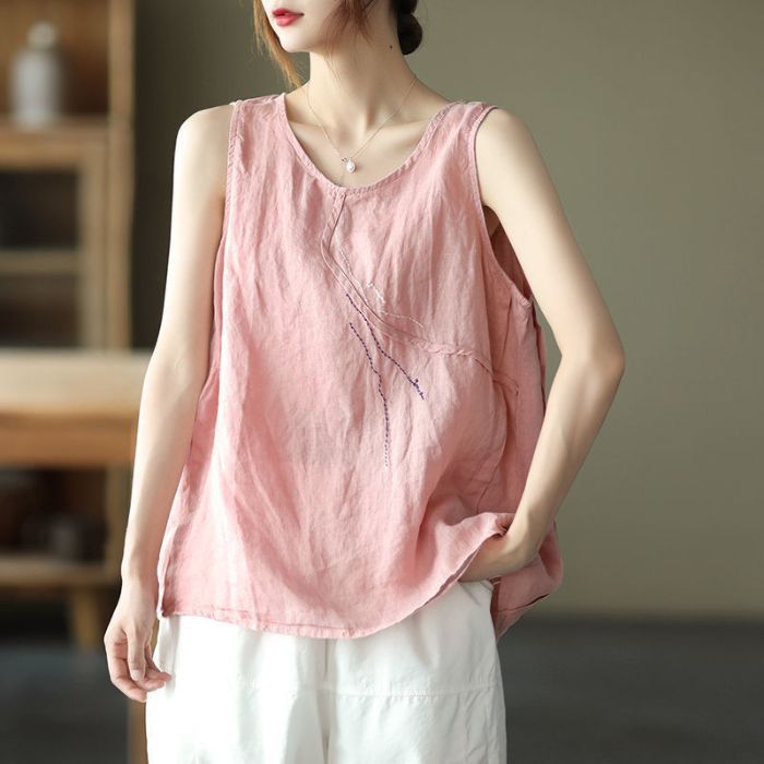 Haut sans manches brodé polyvalent et décontracté pour femme grande taille – Collection été – Vente flash