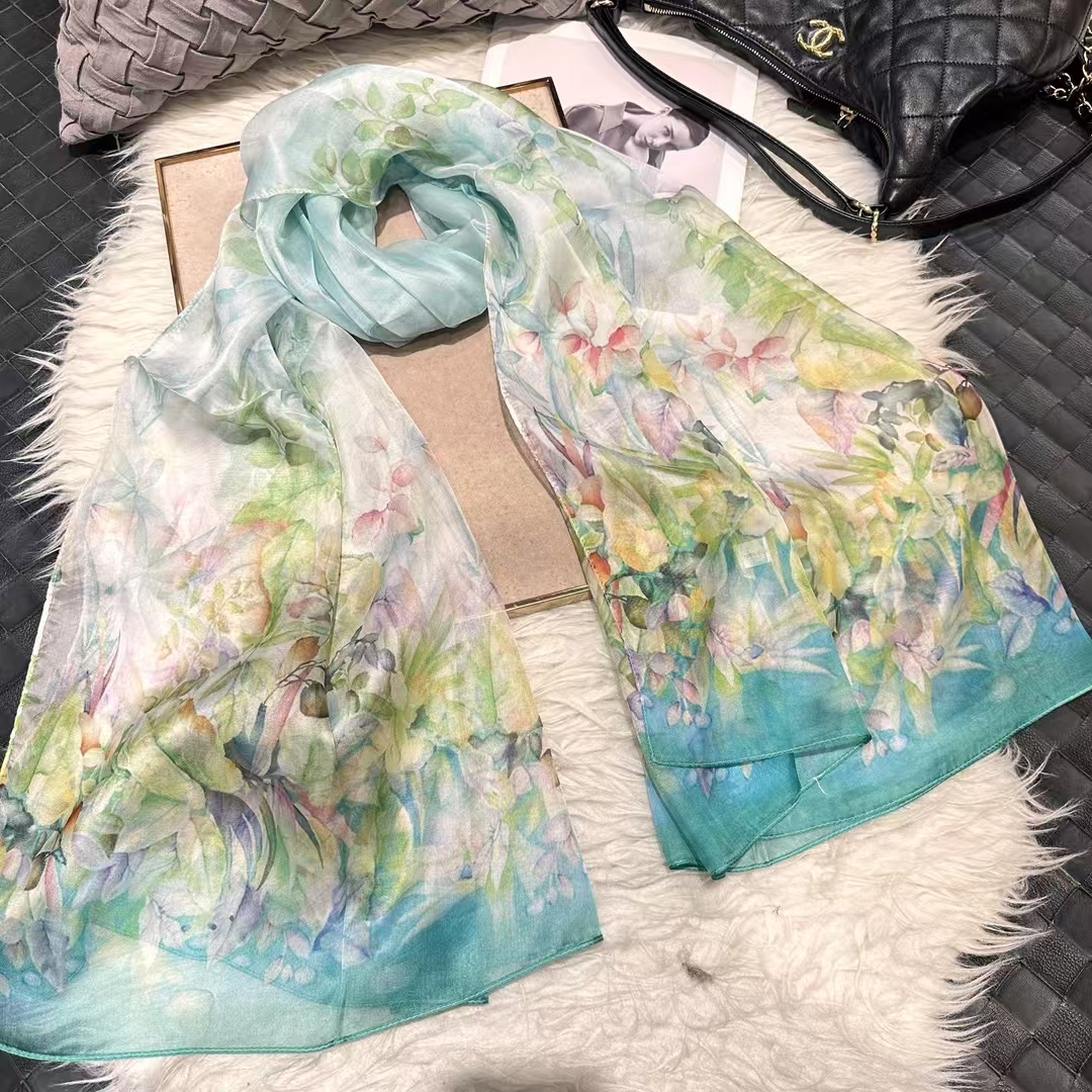 Écharpe longue en mousseline de soie pour femme, foulards à la mode, nouveau design floral, enveloppes d'été, écharpe de plage, rond 100% x 180 cm, bleu, vert, 110