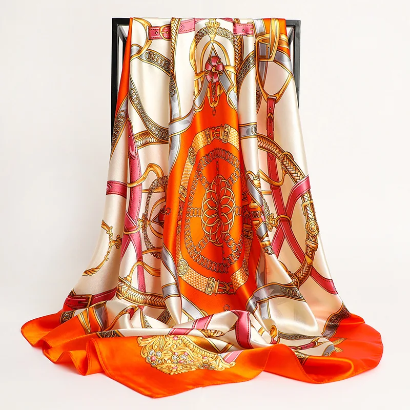 Foulard en Soie Imprimé 90x90cm, Grand Carré en Satin, Châle de Luxe pour Femme, Marque de Créateur, Hijab, Bandeau