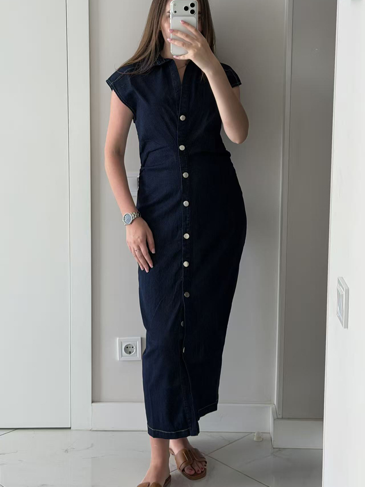FSMG Nouvelle Robe en Jean Unie à Col Revers et Boutonnage Simple, Élégante, Sans Manches, Plissée, Coupe Ajustée, pour Femme de Bureau, Vêtements Tendance