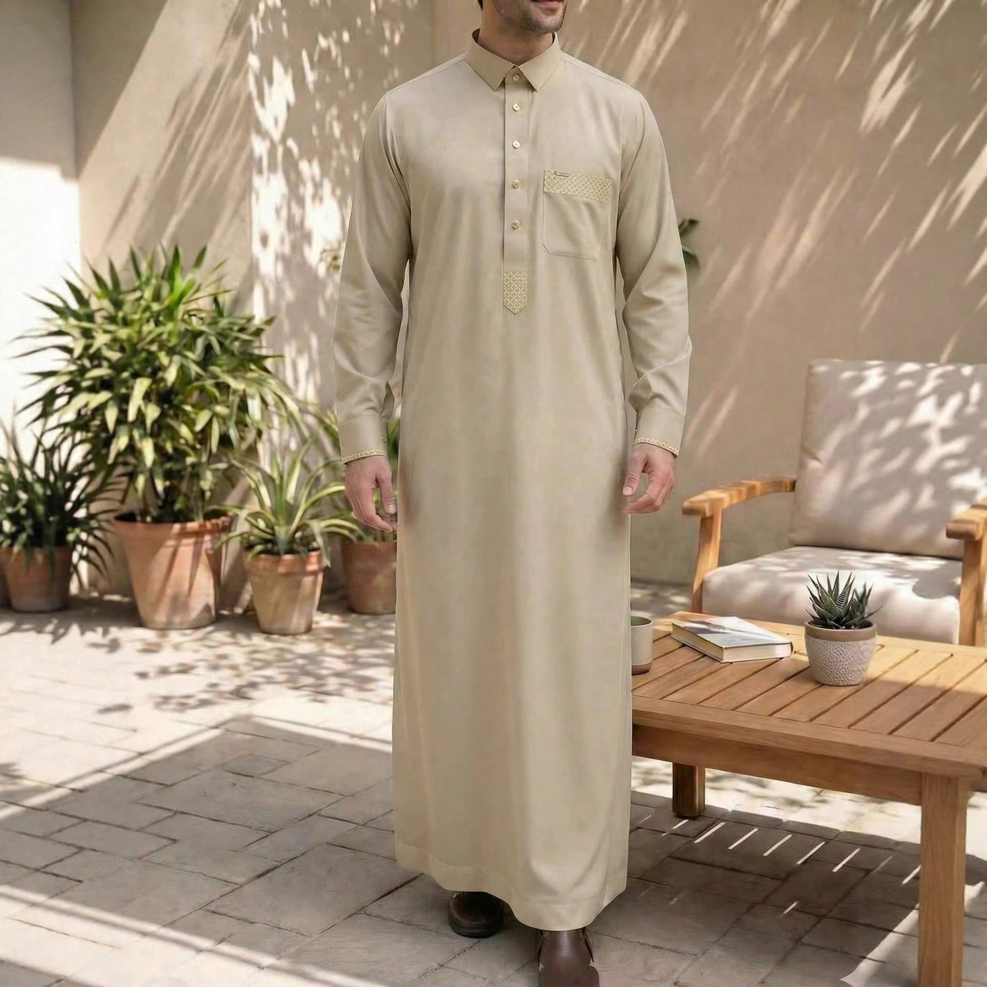 Robe longue à manches longues pour homme de style arabe, chemise à carreaux avec col et boutons décoratifs, vêtements de mode musulmane