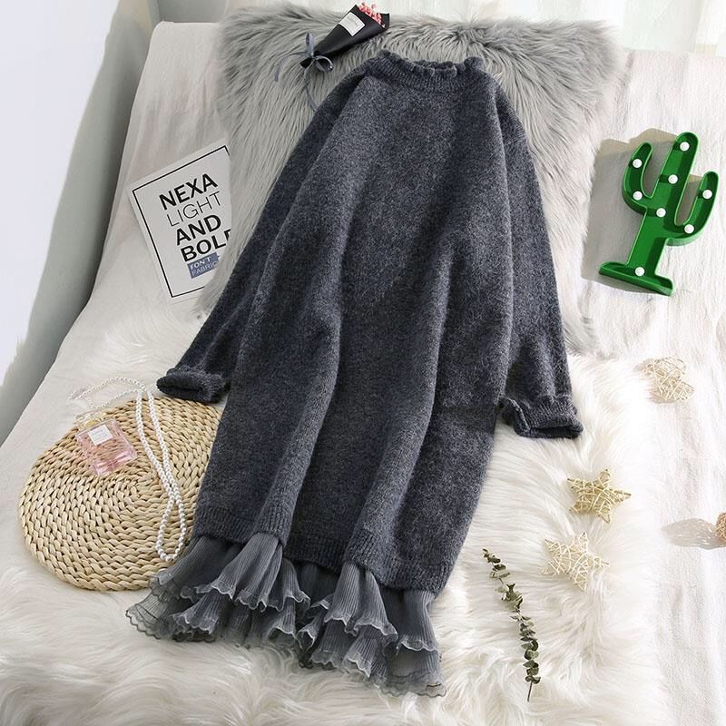 Robe pull en dentelle épissée pour femme, nouvelle collection automne-hiver 2026, style coréen, ample, longue, pull chaud en tricot pour femme