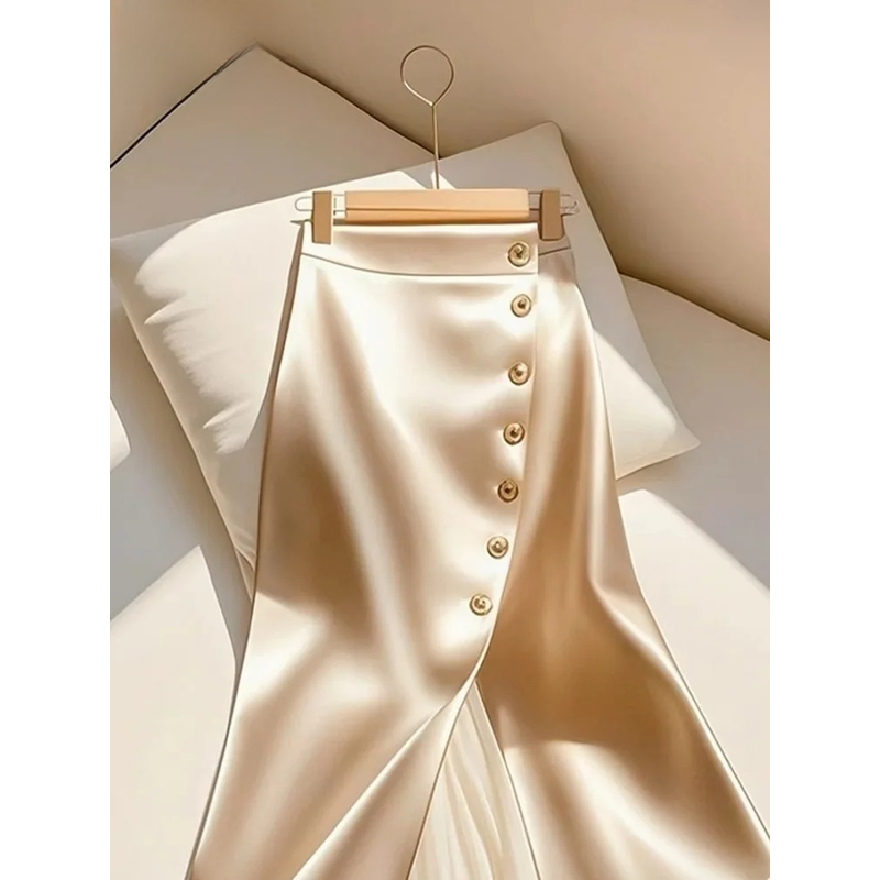 Jupes longues élégantes en Satin pour femmes, jupe Maxi en maille épissée, simple boutonnage, fente, nouvelle jupe pour les déplacements, 2025