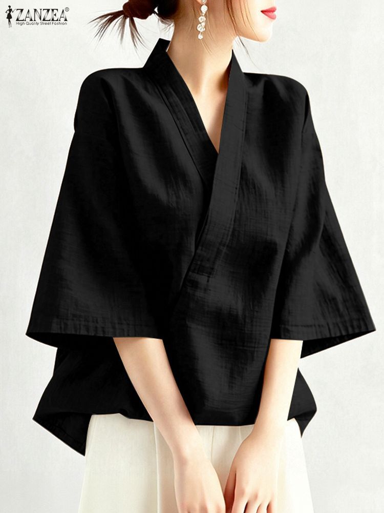 ZANZEA femmes Blouse tendance 2025 été croix col en V demi manches hauts solide ample travail tunique Style chinois Kimono chemises surdimensionnées