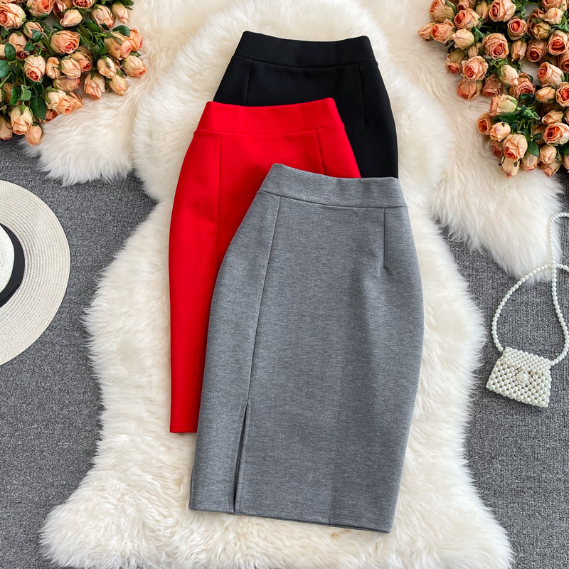 Jupe femme solide taille haute travail jupe crayon 2025 nouvelle mode dames coupe ajustée fendue bureau OL jupe gris rouge noir jupes