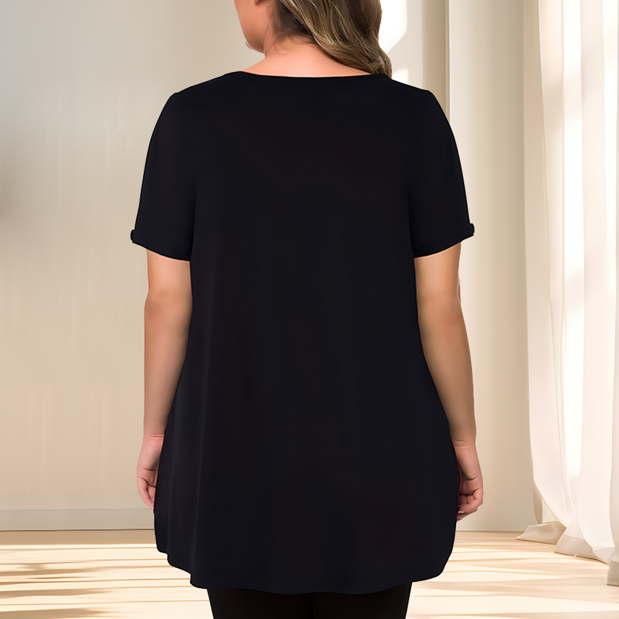 [Chemisier élégant grande taille] chemisier décontracté à manches courtes et col rond pour femme en polyester léger, grande taille |   Couleur unie, subtil S