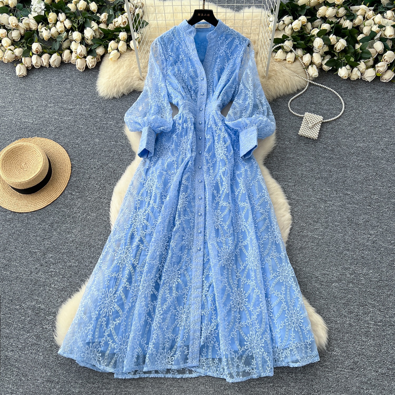 Robe française rétro élégante pour femmes, nouveau Style haut de gamme, col montant, taille simple boutonnage, robe longue en maille brodée, 2025