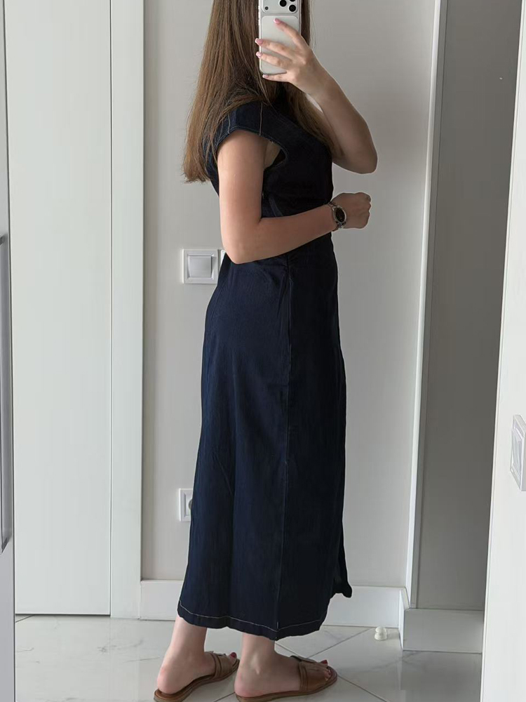 FSMG Nouvelle Robe en Jean Unie à Col Revers et Boutonnage Simple, Élégante, Sans Manches, Plissée, Coupe Ajustée, pour Femme de Bureau, Vêtements Tendance