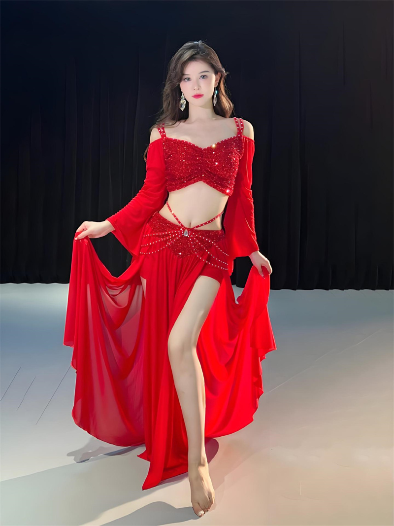 Costume d'entraînement de danse du ventre pour femmes, 2 pièces, manches longues, jupe fendue sur le côté, tenue à paillettes, spectacle de danseuse orientale, vêtements en gaze XL