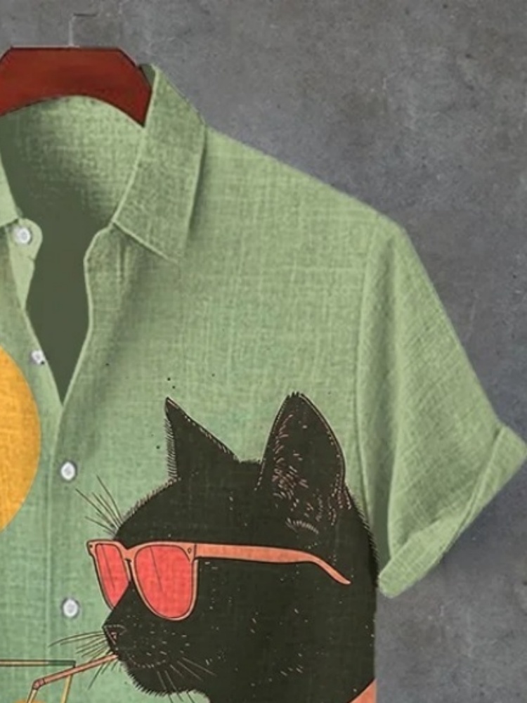 Hommes coucher de soleil Cool Kimono chat vacances Art imprimé chemise décontractée Orange imprimé Style japonais vêtements d'extérieur été à manches courtes hauts Chic