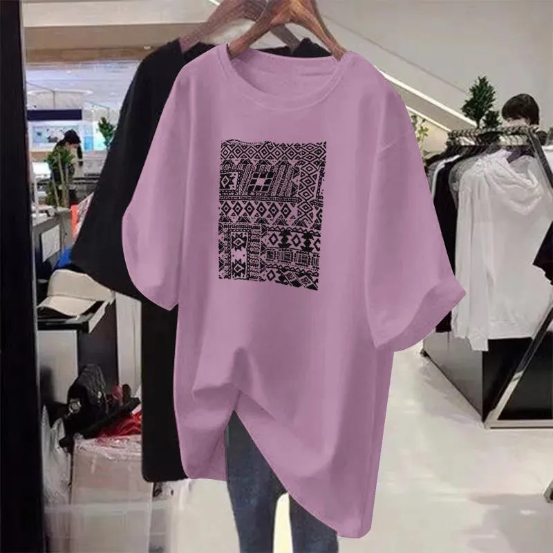 Grande taille 5XL 150KG femmes été t-shirt dessin animé col rond manches courtes t-shirts ample surdimensionné hauts noirs