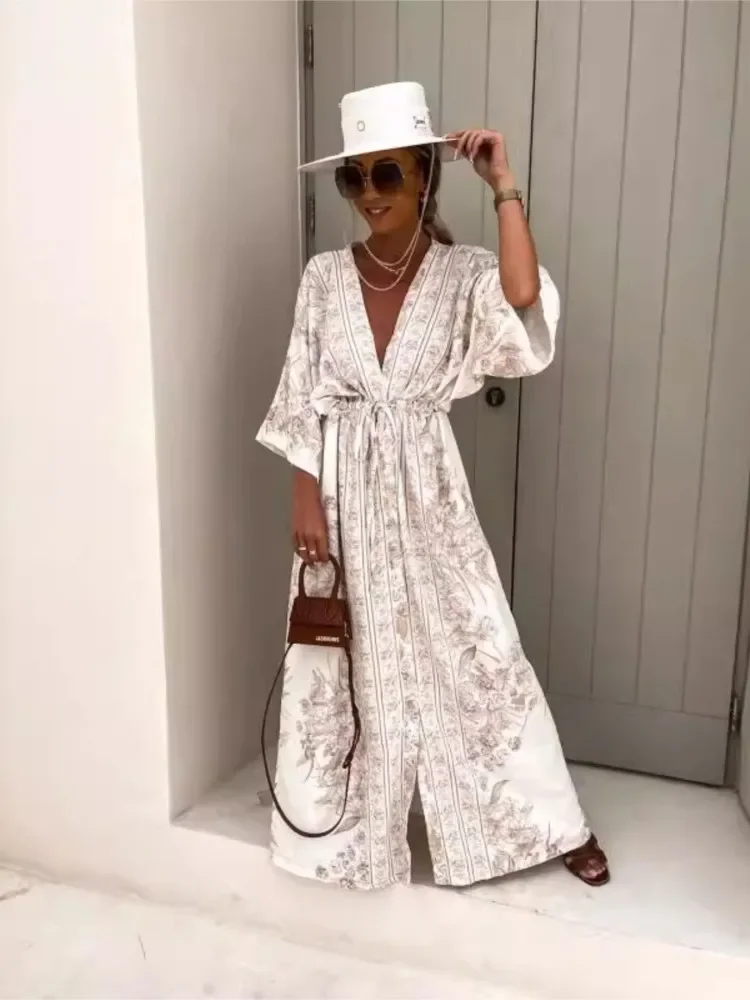 Printemps été nouveau Style de vêtements pour femmes Sexy col en v à manches courtes à la mode imprimé taille cintrée à lacets grande jupe robe