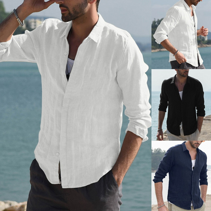 Chemise unie pour homme - En lin - Avec col montant aux poignets - Chemise de plage légère